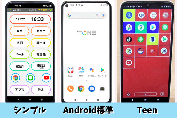 トーンモバイルオリジナルAndroid端末のホーム画面3つ