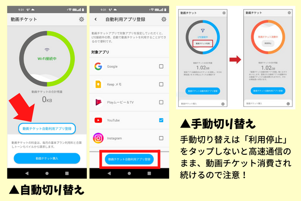 格安スマホトーンモバイルの動画チケットの使い方。自動切り換えと手動切り替えができます。