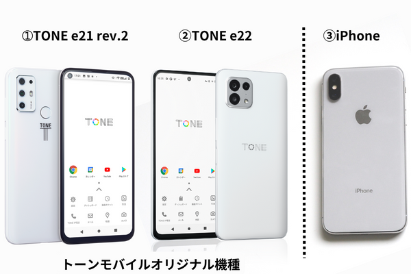 トーンモバイルはオリジナルAndroid端末のe21　rev.2かe22もしくはiPhoneでの契約となります。