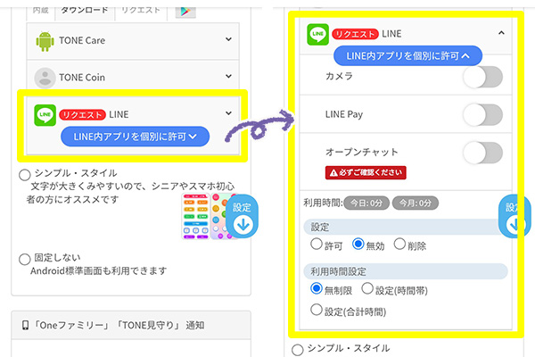 トーンモバイルの見守り機能トーンファミリーではLINE内の機能を個別に制限できます